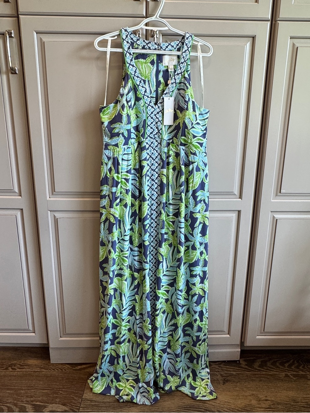 Lilly Pulitzer Navy Maxi Dress with Lime & Light Blue Leaf Print